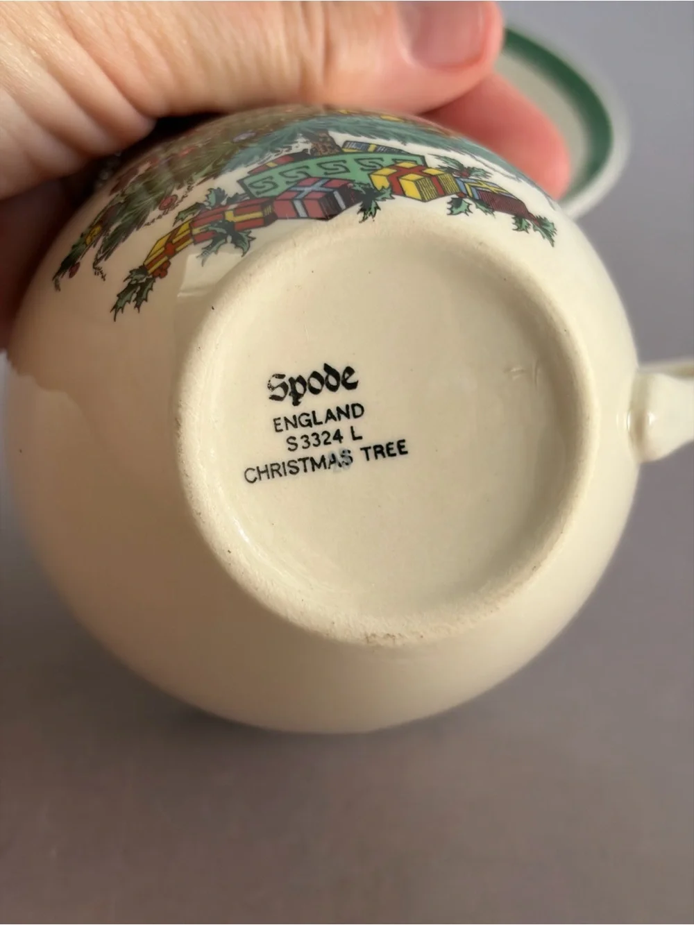 Spode Cream Teacup and Saucer with Green Holly and Red Berry Motif